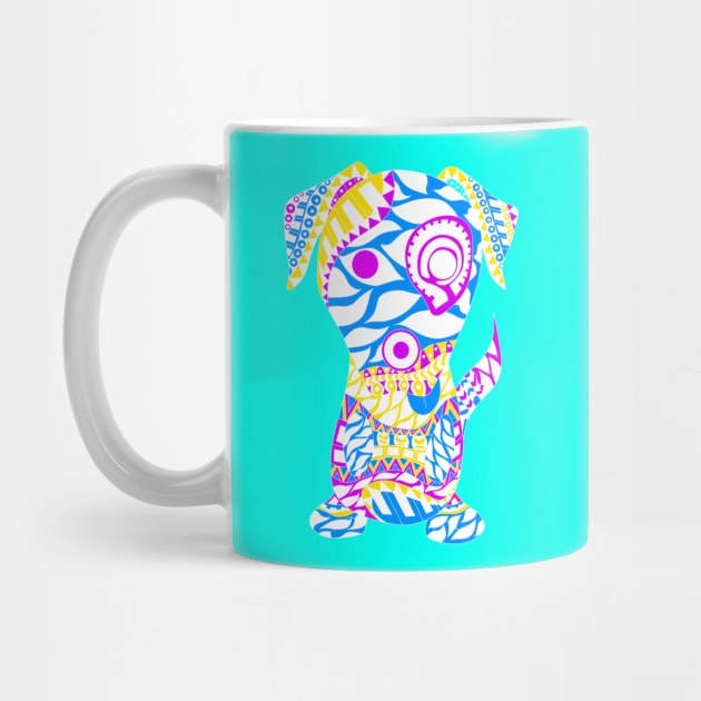 the blue tribal aztec dog in ecopop pattern by jorge_lebeau